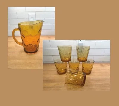 复古 Hazel Atlas Eldorado 金色圆点玻璃器皿:水罐 + 6 岩石眼镜 — 第 1/4 张图片