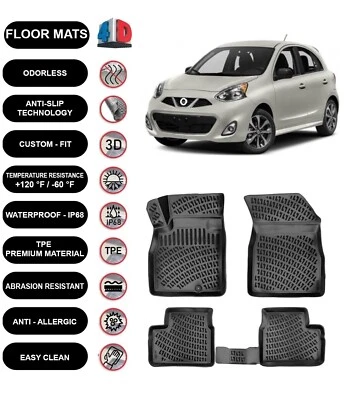 Floor Mats Liner Fits Nissan Micra (2016-2019) 4D Molded Black 4pcs - Imagem 1 de 4