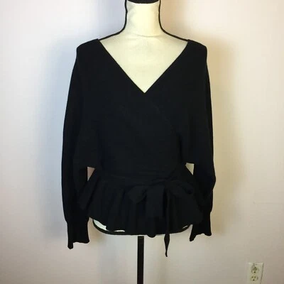 NWT Umgee Sweater Size L Womans Black Knit Babydoll V-Neck Wrap Peplum Tie Waist - Image 1 of 4