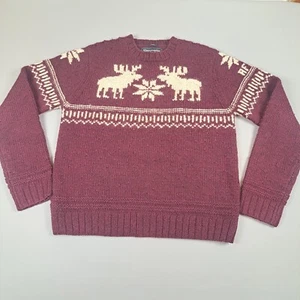 ABERCROMBIE & FITCH Hand Knit Sweater Men’s Large 100% Wool Fair Isle Moose - Picture 1 of 7