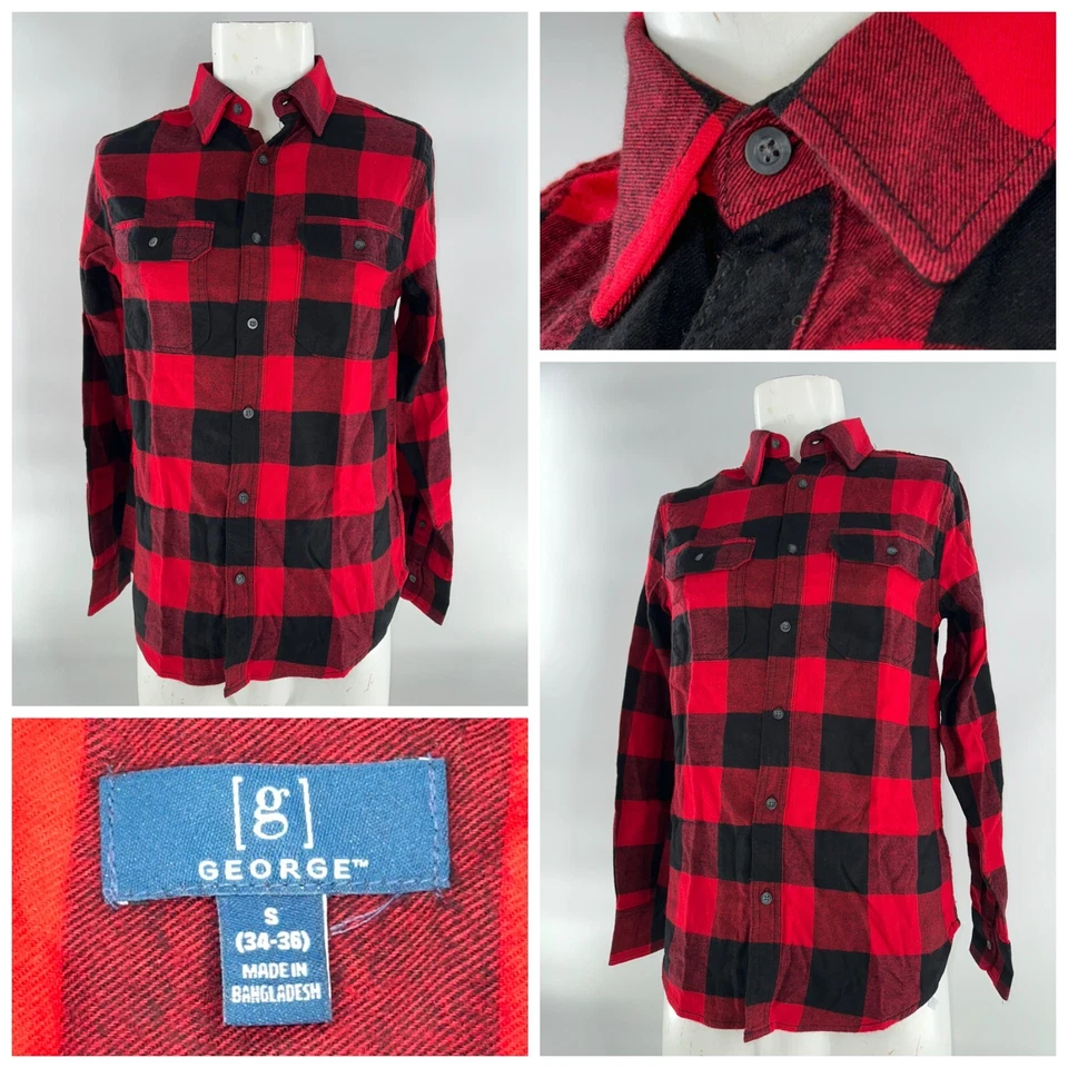 George Button-Up Flannel Shirt Men’s S Red Black Plaid Cotton Viscose YGI K4-77 - Image 1 of 4