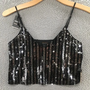 Forever 21 Cropped Cami Tank Top Womens S Black Sequin Strappy Casual Party NEW - Picture 1 of 18