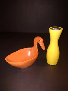 JUEGO DE MESA de madera años 70 portavelas / cuenco hecho a mano naranja/amarillo - Imagen 1 de 4