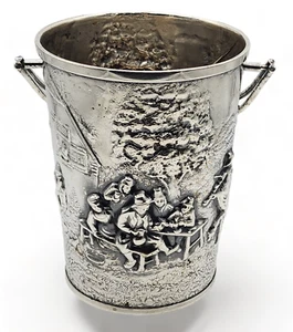 Vintage DENMARK Silver Plate Ice Bucket with Handle ~ VILLAGERS SCENE ~ - Picture 1 of 8