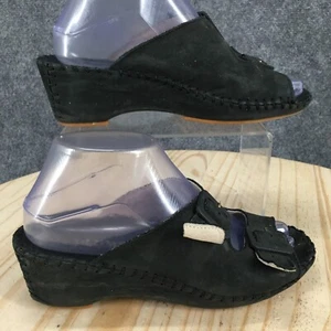 La Plume Sandals Womens 38 Jen Wedge Buckle Strap Slip On Black Leather Stitched - Picture 1 of 16