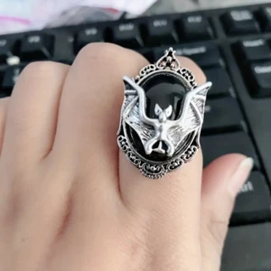 Bat Oval Black Open Ring Jewelry Gothic Silvery Animal Adjustable Resizable - Picture 1 of 6