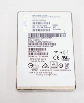 IBM 200GB SAS SSD – HUSMM1620ASS200 – 2.5" 12Gb/s – 0B32111 – 00Y5952/36 - Image 1 of 3