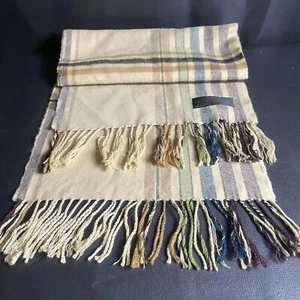 German Scarf 100% Cashmere Hand Tailored Winter Fashon Scarf Tan Blue Stripe - Picture 1 of 6