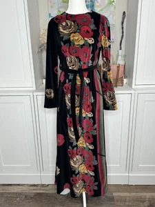 1970s Velour Dress Gothic Roses Medium Waist Tie Floor Length Comfortable - Picture 1 of 10