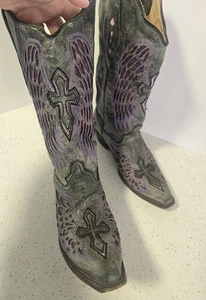 Corral Vintage Women’s Cowboy Purple Angel Wings Cross Lavender Leather Sz 7.5  - Picture 1 of 17