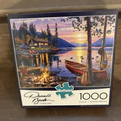 Buffalo Games Darrell Bush Canoe Lake 1000 Piece Puzzle Cabin Sunset Complete Ne - Image 1 of 4