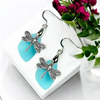 Dragonfly Earrings With  Sea Glass, Sterling Silver Ear Wires, Dragonfly Gift - Image 1 of 4