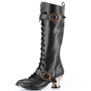 Hades VINTAGE Black Vegan Leather Steampunk 3/4 Knee High Boots Heel Zip 6-11 - Picture 1 of 15