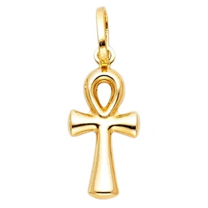 14K Solid Gold Egyptian Ankh Cross Pendant - Small 25mm Cross Charm- PT138 - Picture 1 of 7