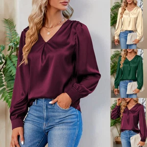 Womens Long Sleeve Satin Silk Blouse Tops Ladies Casual Lose V-Neck T-Shirts Tee - Picture 1 of 14