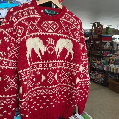 1990s Vintage POLO RALPH LAUREN Knit Size 18 All Over Print Red Wool Sweater - Image 1 of 4