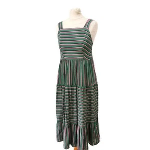 LOUCHE Strappy Sun Dress Tiered Flared Midi Summer Size 10 Green Striped - Picture 1 of 11