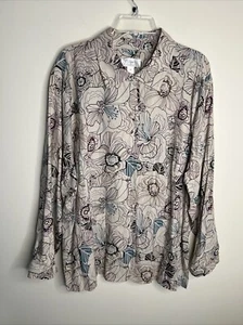 CJ BANKS Woman's 3X Long Sleeve Button Tan Floral Linen Blend Shacket- NWOT - Picture 1 of 13