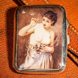 Erotic Nude Woman Enamel Antique Sterling Silver English Cigarette Case - Picture 1 of 14