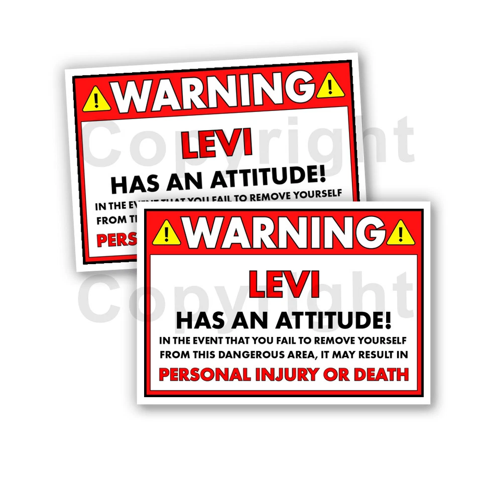 WRAPPED IN INK LEVI HAS AN ATTITUDE 2 Funny Warning Stickers 5" wide orange Set of 2