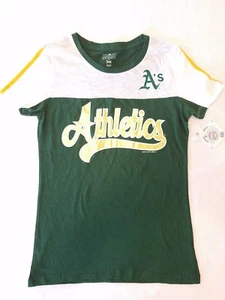 Oakland Athletics Women Campus Lifestyle Tee Striped Sleeve Size XS Gold Letters - Picture 1 of 6