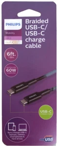 PHILIPS USB-C/USB-C Charge Cable Braided 6ft length Rated for 60W Black *NEW BOX - Picture 1 of 3