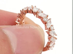1Ct Real Moissanite Round & Marquise Cut Anniversary Band 14k Rose Gold Plated - Picture 1 of 4