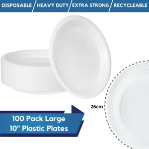 100 Pack 10” Disposable Plastic Plates Extra Strength Large Reusable Plates - Picture 1 of 4
