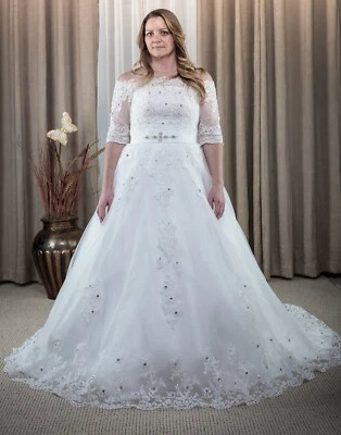 Vestido de novia de encaje y apliques cuello barco marfil, talla 12 (SE-24501) Foto 1 de 4