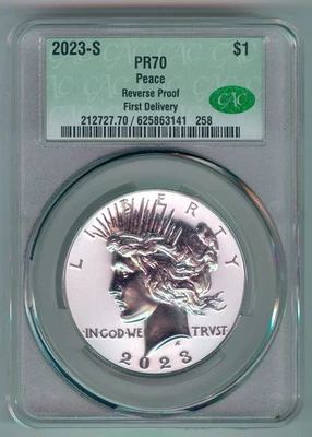2023-S U.S. PEACE SILVER DOLLAR - FIRST DELIVERY - REVERSE PROOF - CAC - PR70 - Image 1 of 2