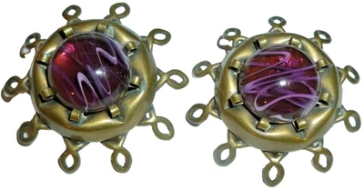 Vintage Marjorie BAER SF Women’s Clip On Earrings Brass Art Glass Statement - image 1 of 4