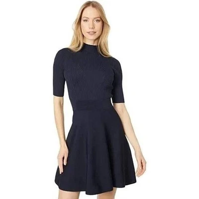 NUEVO CON ETIQUETAS $260 Vestido Patinador Ted Baker Engineered AZUL Cuello Simulado Acanalado Manga Abullonada 2 Foto 1 de 4