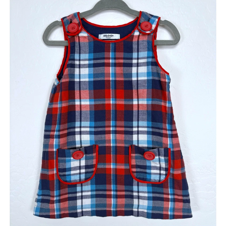 婴儿紧身红色蓝色格子连衣裙带补丁袋尺寸 6-12 个月假日 — 第 1/4 张图片