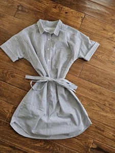 Vintage French Navy Striped Seersucker Belted Shirt Dress Women's Size L Coastal - Picture 1 of 9
