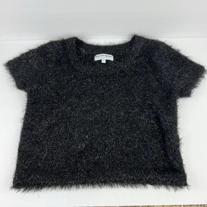 American Apparel Black Fuzzy Short Sleeve Crop Top Size Large Goth Emo Glam Punk - Picture 1 of 6