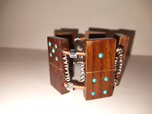 Wood Domino's Bracelet / Brass & Turquoise Inlays / Copper Wire Spring Spacers # - Picture 1 of 7