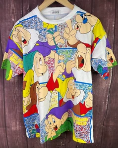 Vintage Disney AOP Shirt 90s Snow White Small Seven Dwarfs All Over Print Tee - Picture 1 of 16