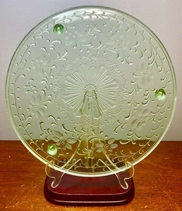 Vaseline Glass Cake Stand Tray Platter Vintage US Floral Circa 1930 - Picture 1 of 11