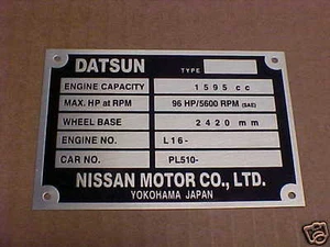 Datsun Nissan data plate acid etched aluminum Yokohama Japan - Picture 1 of 1