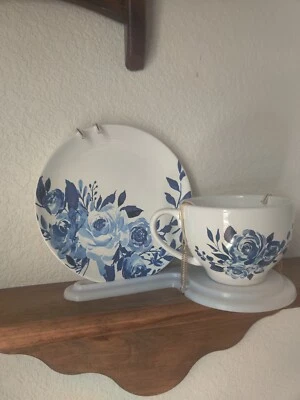 Taza, Platillo, Con Soporte Café Té Cerámica Beige Aplicado Rosa Floral Azul 9x6" Foto 1 de 4