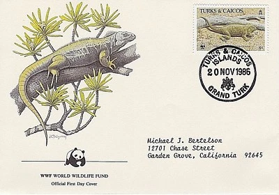 TURKS & CAICOS 1986 4 FDC - ROCK IGUANAS - NEST WITH EGGS - WORLD WILDLIFE FUND - Image 1 of 4