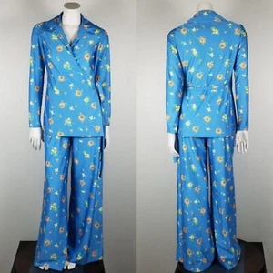 Gay Gibson Vintage Union 70s Blue Floral 2-Piece Disco Wide Leg Pajamas Size XS - Picture 1 of 12