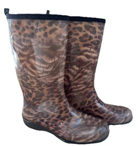 Kamik Rain Boots Brown Black Cheetah Leopard Animal Print Waterproof 9 NEW 12” T - Picture 1 of 8
