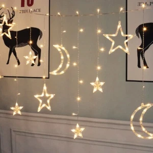 144-Count Warm White LED Curtain Lights with Star and Moon Patterns - Picture 1 of 10