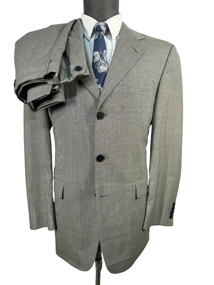 TOMMY HILFIGER Mens Beige Wool FINE HOUNDSTOOTH 2 Pc Suit 40R Jacket 32x31 Pant - Image 1 of 4