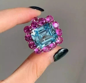 4 Ct Emerald Cut Simulated Blue Topaz &Ruby Wedding Ring 14K White Gold Plated - Picture 1 of 7