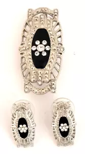 Art Deco Set Strass schwarz Emaille Ohrringe Anhänger/Brosche - Bild 1 von 6