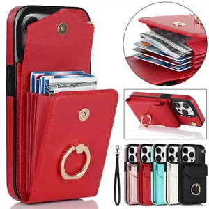 Leather Card Wallet Ring Phone Case For iPhone 11 12 13 14 15 16 Pro Max XR 8 7 - Picture 1 of 72