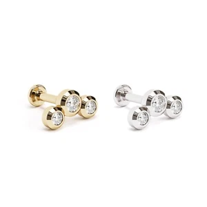 14K REAL Solid Gold Trio Bezel Diamond Curved Stud Helix Cartilage Earring 16G - Picture 1 of 7