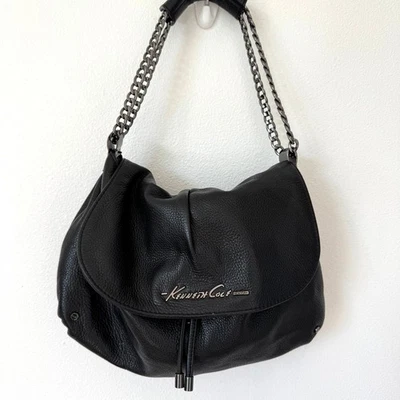 Kenneth Cole черный кожаный Hobo громоздкий плеча клапан сумка цепочка ремень богемное шик - Изображение 1 из 4
